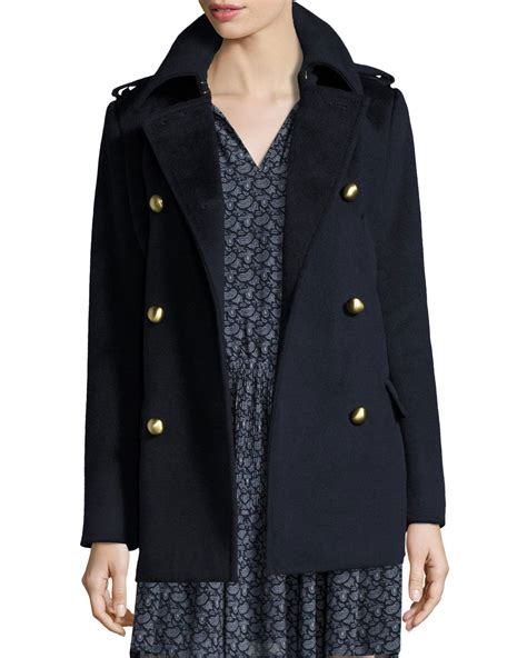 navy faux leather-accent wool-blend peacoat women michael kors|MICHAEL Michael Kors Pea Coats for Women .